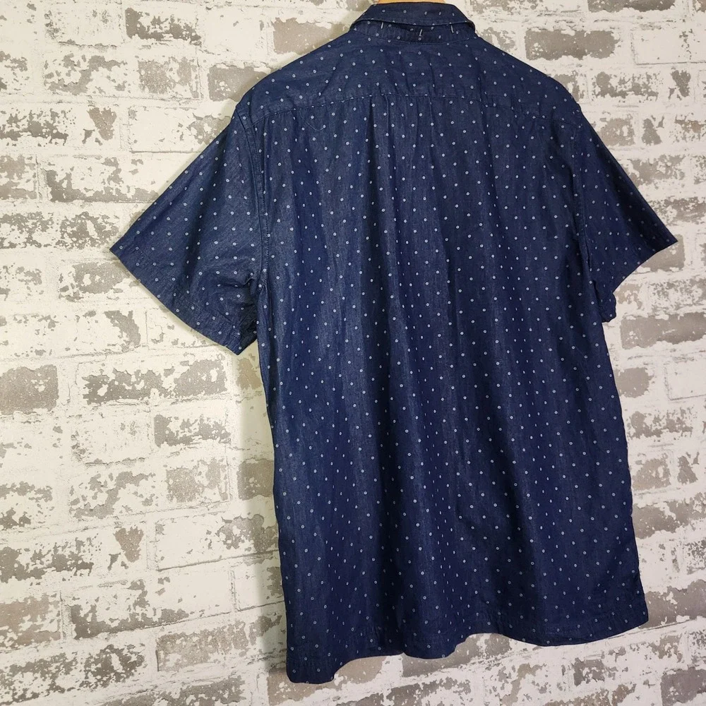 Banana Republic Mens Shirt Size L Button Up Navy Dot Print Short Sleeve Slim Fit